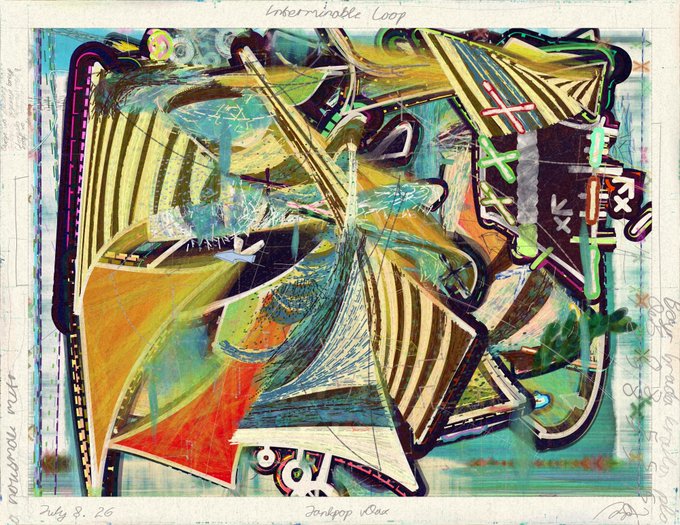 An abstract mixed-media artwork titled 'Unterhötte Loop' dated July 8, 26, featuring chaotic brushstrokes, geometric shapes, and vibrant colors including yellow, green, blue, and orange.