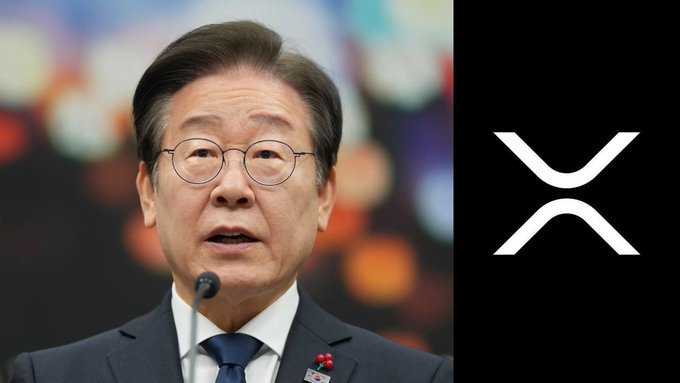 The image shows South Korea's President wearing glasses and speaking at a podium, paired with the XRP logo on a black background. This visual supports the post's claim that South Korea has made crypto and XRP a national priority.