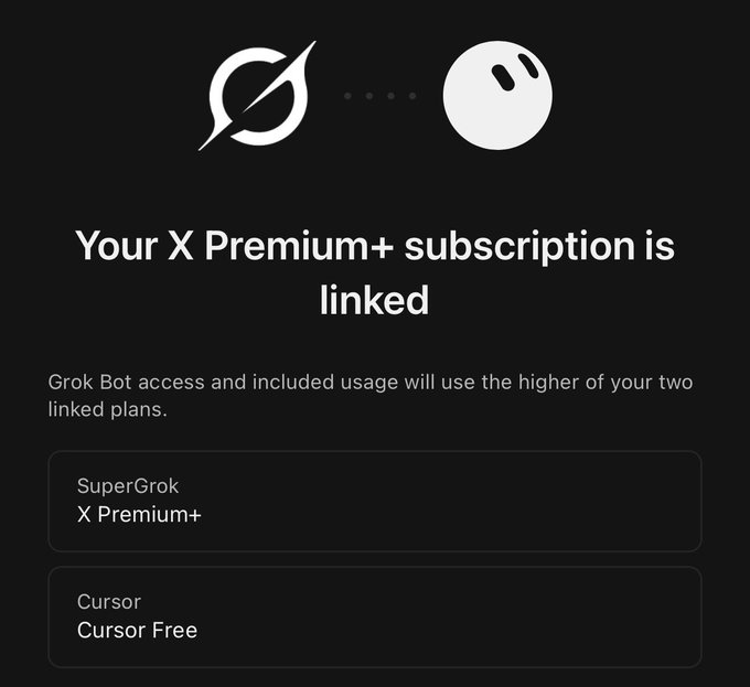 A confirmation screen showing a linked Grok and Cursor account, displaying "Your X Premium+ subscription is linked" with SuperGrok X Premium+ and Cursor Free plans, suggesting the user is using their X Premium+ Grok access alongside Cursor. The image indicates the setup behind the user's $100 investment in letting GrokBot run autonomously over the weekend.