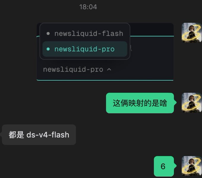 The image shows a chat conversation where someone asks "这俩映射的是啥" (what do these two map to) regarding "newsliquid-flash" and "newsliquid-pro," and the reply states "都是 ds-v4-flash" (both are ds-v4-flash). 

This relates to the post about Justin Sun learning about platform mappings, suggesting he (or Dev) discovered that different listed AI model names on a platform all actually route to the same underlying model (DeepSeek v4 Flash), implying potential misrepresentation of the available models.