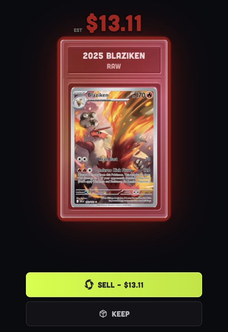A Pokémon trading card marketplace listing shows a '2025 BLAZIKEN RAW' card valued at an estimated $13.11, with options to 'SELL - $13.11' or 'KEEP'.