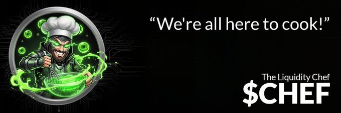 The image features a green-glowing cartoon chef mascot mixing a bubbling pot alongside the tagline "We're all here to cook!" and branding for "The Liquidity Chef" with the ticker "$CHEF," visually promoting the newly launched token on Robinhood Chain as highlighted in the announcement.