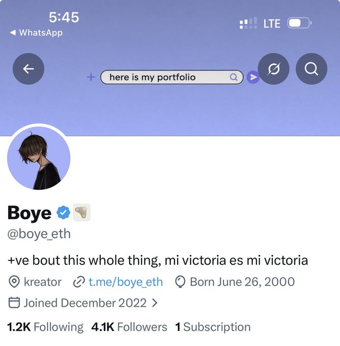 A Telegram profile screenshot for user 'Boye' (@boye_eth) with the bio '+ve bout this whole thing, mi victoria es mi victoria,' showing 4.1K followers and a search for 'here is my portfolio'.