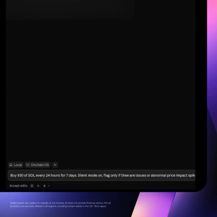 The image shows a computer screen with a message that says "DCA, on autopilot." The message also includes instructions for setting up an automated trading system.