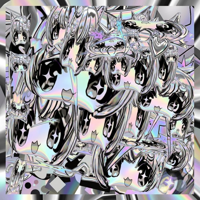A chaotic, chrome-like anime-style illustration featuring repeating chibi cat-girl characters with reflective silver and holographic pink surfaces.