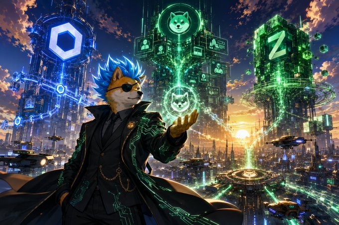 A vibrant digital artwork depicting an anthropomorphic Shiba Inu character with blue hair and sunglasses, wearing a dark coat with green circuit-like patterns, standing in a futuristic cyberpunk cityscape featuring large glowing Dogecoin and Zcash (Z) symbols.