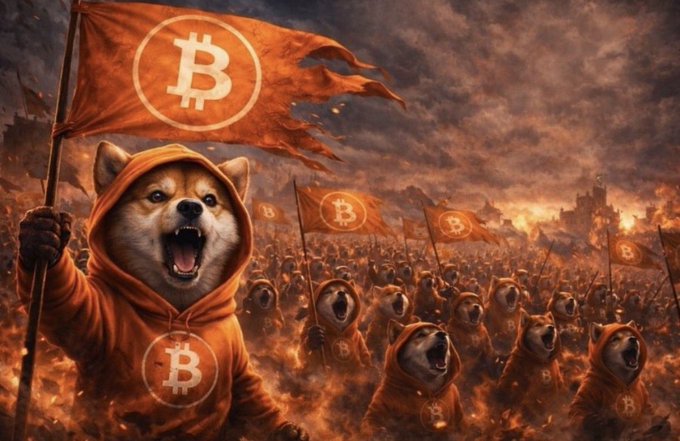 AI-generated artwork depicting an army of Shiba Inu dogs in orange Bitcoin-logo hoodies carrying Bitcoin flags amid a fiery, apocalyptic battle scene.