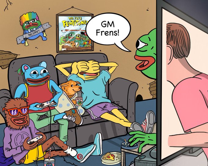 The image is a cartoon scene showing various meme characters (Kermit the Frog, a blue cat, Bigfoot, and others) lounging on a couch playing video games, while a Kermit character at a TV greets viewers with a speech bubble saying "GM Frens!" — perfectly matching the post's cheerful "Good morning CT, have a great day today!" message to the crypto community. A "NO STREAM" sign and "The Five Flipzone" poster are visible on the wall.