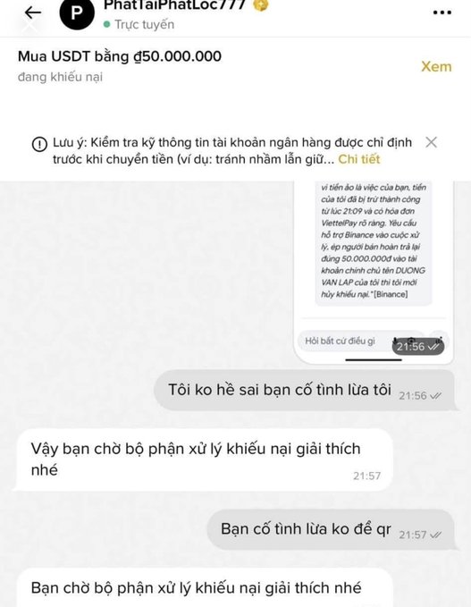 A screenshot of a Binance P2P chat in Vietnamese regarding a USDT purchase dispute, showing messages between 'PhatTaiPhatLoc777' and another user discussing a transaction of 50,000,000.