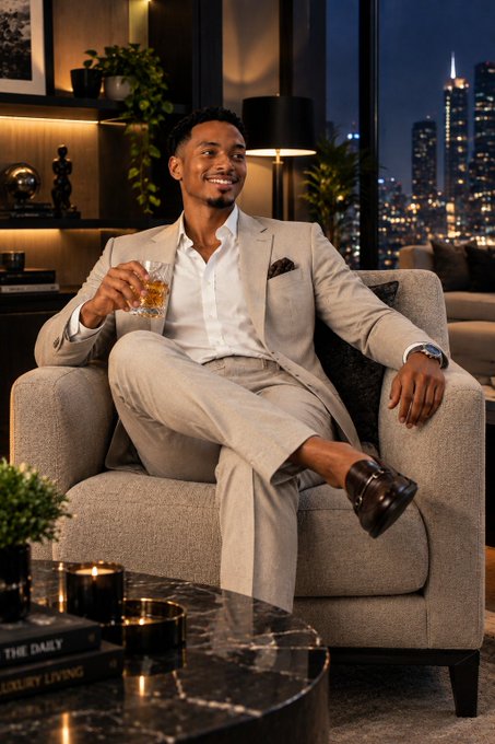 A well-dressed man in a beige suit sits relaxed in a gray armchair holding a glass of whiskey, with a nighttime city skyline visible through the window behind him.