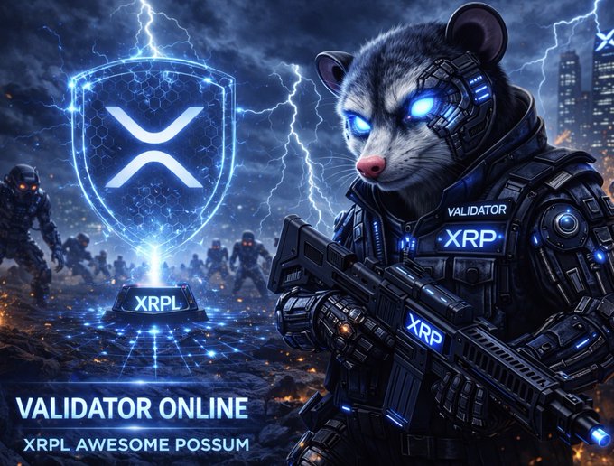 A digital illustration titled 'VALIDATOR ONLINE: XRPL AWESOME POSSUM' featuring an armored possum holding an 'XRP' labeled weapon, with a glowing 'XRPL' shield logo in the background.