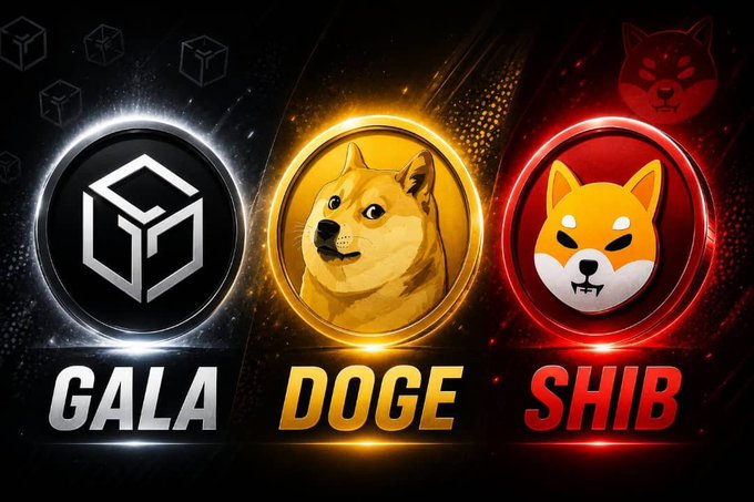 The image features three cryptocurrency coins—GALA, DOGE, and SHIB—displayed side by side with their respective logos, relating to the post's question about which altcoins will see the largest gains in the current bull run, following the massive pumps these three experienced in the 2021 bull run.
