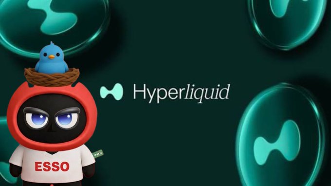 The image features a cartoon character wearing a red cape with a bird perched on top. The character appears to be a robot or a doll, possibly representing a character from a video game or an animated movie. In front of the character, there is a logo for "Hype Liquid" and "Esso", which are related to cryptocurrency. The background of the image is green with blue circles scattered throughout it.