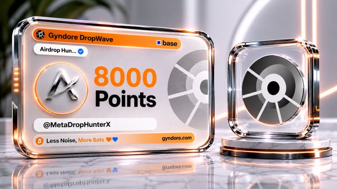 A glowing glass rewards card displays "Gyndore DropWave" with "Airdrop Hun..." and "8000 Points," alongside a metallic X (Twitter) badge marked "@MetaDropHunterX" and the tagline "Less Noise, More Sats 💙🧡." The card visually ties to the post by showcasing a tangible 8000 DropWave Points reward tied to the Gyndore Testnet airdrop on the Base market, with redemption details for the $GYND allocation expected at GLB + TGE in August 2026.