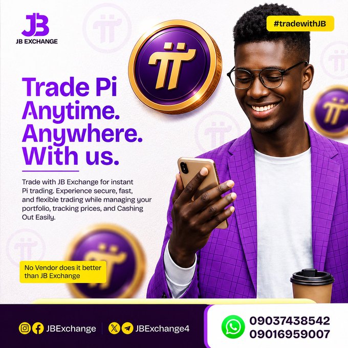 An advertisement for JB Exchange promotes 'Trade Pi Anytime. Anywhere. With us.' featuring a smiling man in a purple jacket using a smartphone, with contact numbers 09037438542 and 09016959007.