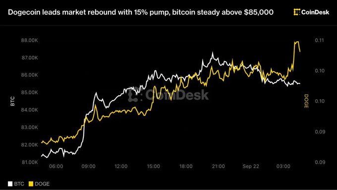 A CoinDesk chart shows Bitcoin (white line) holding steady above $85,000 while Dogecoin (yellow line) surges approximately 15% during the early hours of September 22, visually capturing the short squeeze referenced in the post where $844M of shorts were forced to buy and over $1B was liquidated across the crypto market.