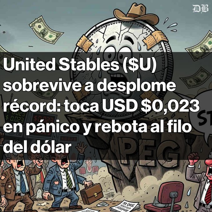 A cartoon illustration of a sweating dollar coin with bandages depicts the crash of 'United Stables ($U)', with Spanish text stating it touched USD $0.023 in panic and rebounded on the edge of dollar peg.