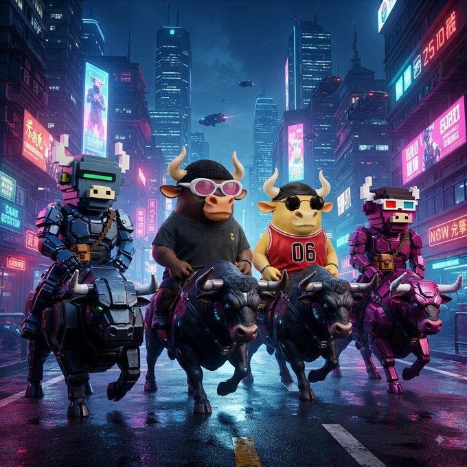 A vibrant cyberpunk cityscape featuring two anthropomorphic bulls in sunglasses riding mechanical bulls, flanked by robotic figures adorned with horns, all illuminated by neon signs in a futuristic urban setting.