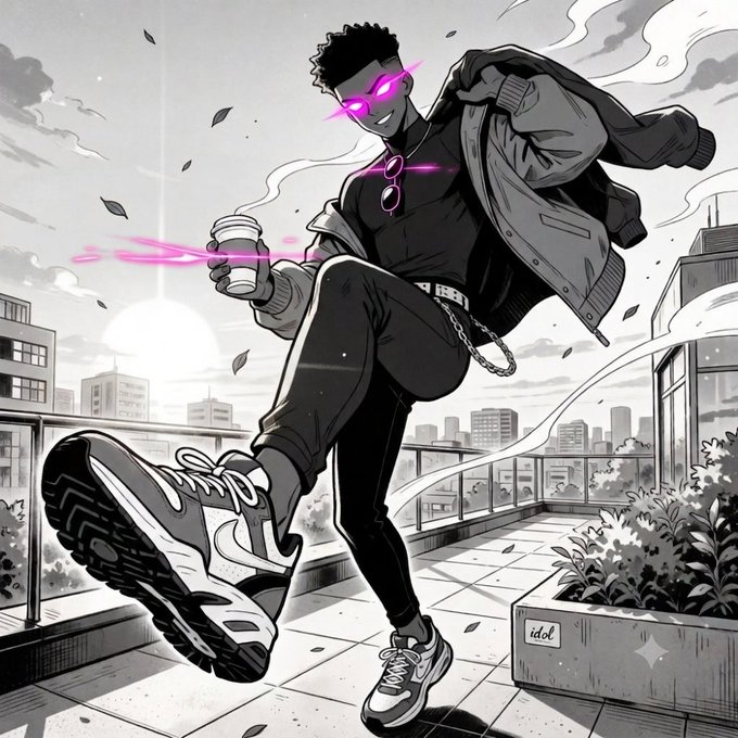 An anime-style black and white illustration of a stylish character with pink glowing sunglasses and coffee, with the word 'idol' visible on a planter.
