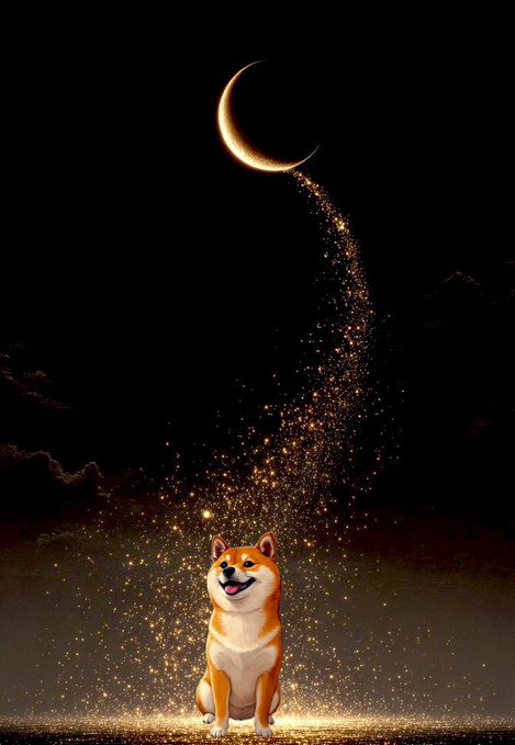 A digital illustration of a smiling Shiba Inu dog sitting beneath a crescent moon that pours a cascade of golden, sparkling stardust down upon it.