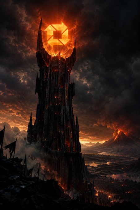 A dark fantasy artwork of a towering black citadel with a glowing orange hexagonal symbol at its peak, set against a fiery apocalyptic landscape with volcanoes.