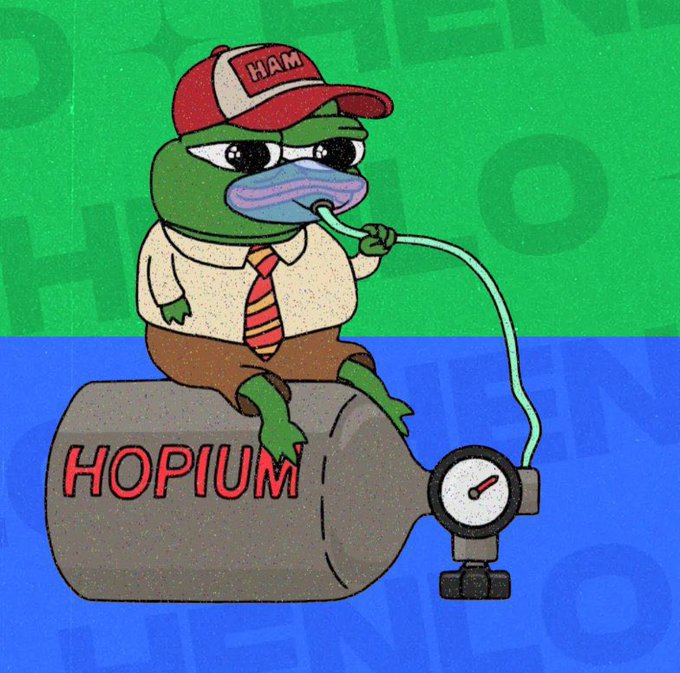A cartoon Pepe the Frog character wearing a 'HAM' cap and tie sits on a tank labeled 'HOPIUM' while smoking a hose connected to a pressure gauge, set against a green and blue background.