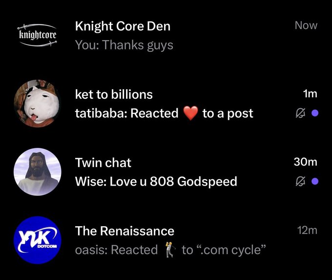 A screenshot of Discord notifications showing messages from 'Knight Core Den', 'ket to billions', 'Twin chat', and 'The Renaissance' on a dark background.