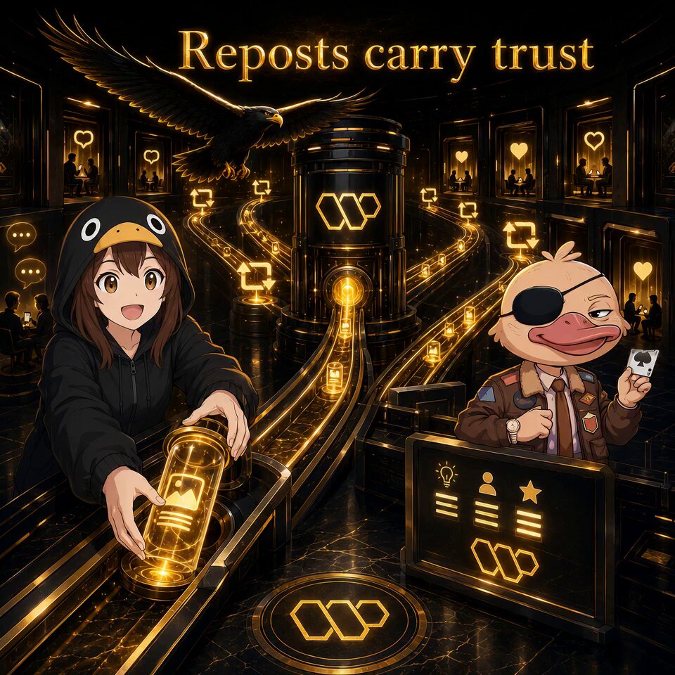 The image features two cartoon characters, one wearing a black hoodie and holding a can of beer, while the other character has a duck costume with a name tag that reads "Reposts carry trust." The scene takes place in an art gallery or museum setting, where various paintings are displayed on the walls.