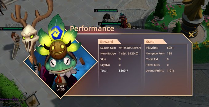 A gaming screenshot showing a 'Performance' stats screen for a character named 'ClyrX' at level 30, displaying rewards and playtime statistics.
