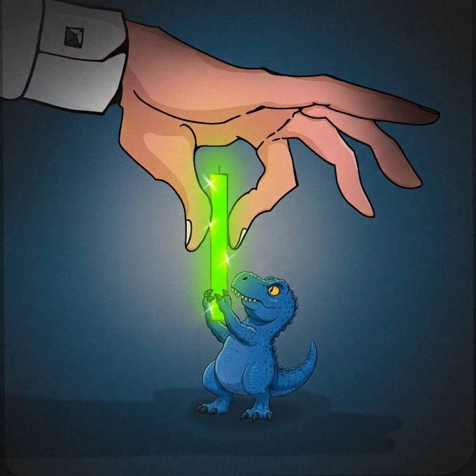 An illustrated scene shows a large human hand descending from above and passing a glowing green lightsaber to a small blue T-Rex dinosaur, styled like a Star Wars poster.