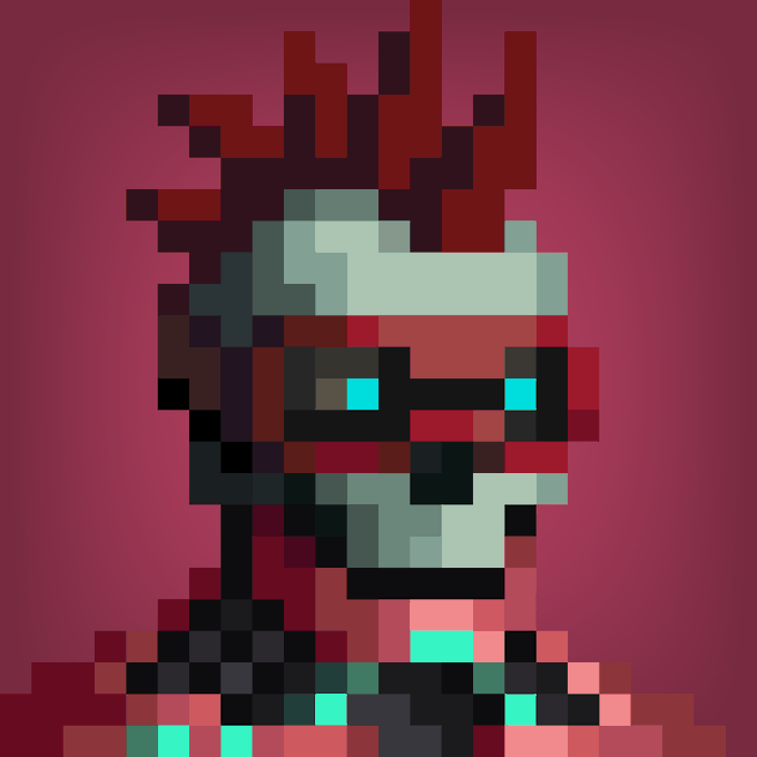 Pixel art portrait of a character with red and teal armor against a dark pink background.