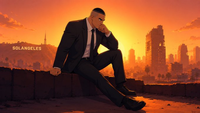 A sharply dressed man in a black suit sits pensively on a concrete ledge overlooking a city skyline at sunset, with "SOLANGELES" visible in the background, symbolizing the $SOLANGELES cryptocurrency tied to the trader's goal of rebuilding their 850k bag after a brutal trading week.