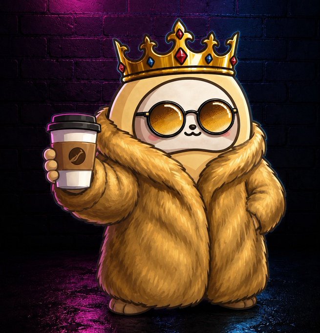 A cartoon character wearing a golden crown, yellow-tinted sunglasses, and a fluffy yellow fur coat holds a coffee cup against a dark brick wall with purple and blue lighting.