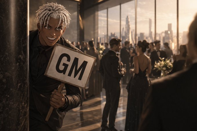A cheerful anime-style character with white dreadlocks peeks around a marble pillar at a high-rise gala, holding a "GM" (Good Morning) sign while formally dressed guests mingle against a city skyline backdrop.