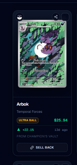 The image shows a screenshot of an online store page for a Pokemon card, specifically an Arbok card. The card has a unique design with green and purple colors, making it stand out from other cards. The price tag on the card reads $25.94, indicating that it is available for purchase. There are also some statistics about the card's popularity, including that it has been up for sale for 2 days and has already sold back 1 item.
