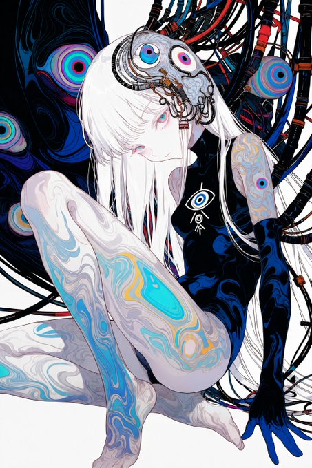 A digital illustration of a cybernetic female figure with long white hair, mechanical headgear featuring multiple large eyes, and a body covered in swirling blue and white marbled patterns, surrounded by colorful target-like circles and black cables.
