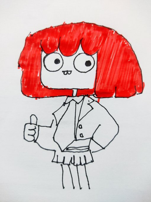 A hand-drawn illustration of an anime-style girl with bright red bobbed hair, wearing a school uniform blazer and skirt, giving a thumbs-up.