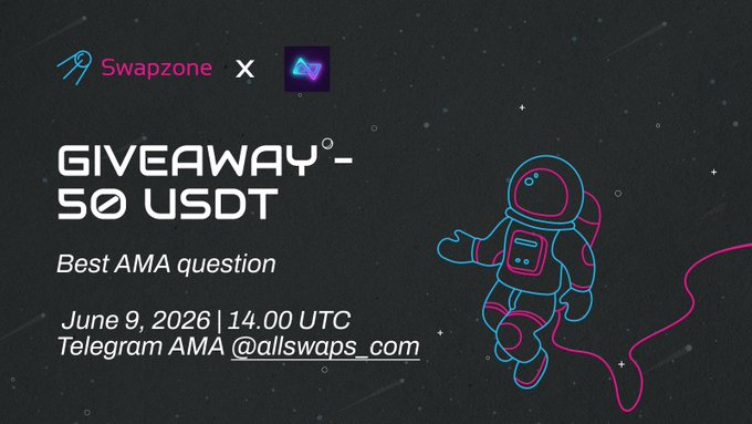 The image shows an advertisement banner promoting a giveaway where participants must answer a question related to cryptocurrency analysis or industry trends within the next 50 seconds via a live Telegram AMA. It seems that the Swapzone has chosen a unique angle for their giveaway promotion by collaborating with a Telegram group, @allswapscom, to create this contest and spread awareness about it through social media channels.