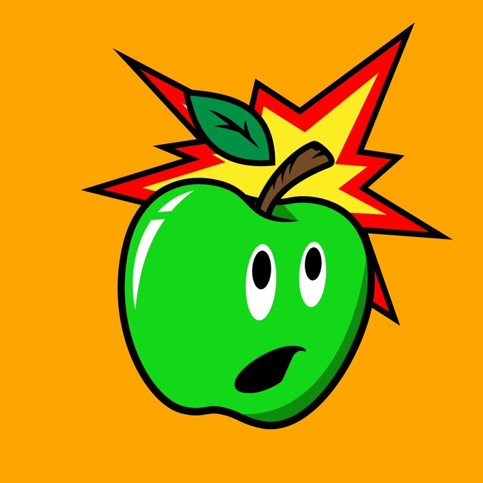 A cartoon illustration of a green apple with a surprised expression against a yellow and red starburst background.