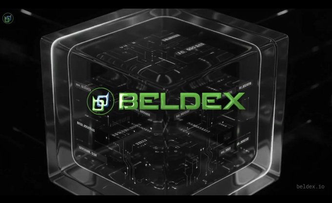 A digital graphic displaying the 'BELDEX' logo with 'beldex.io' text inside a transparent, futuristic cube with circuit-like patterns.