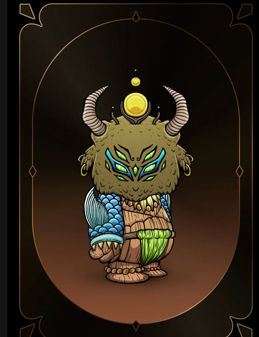 A stylized tarot-style card illustration of a fantasy creature wearing a horned green mask with glowing green eyes, blue scale armor, and a green loincloth.