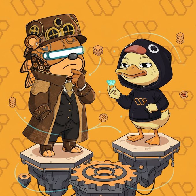 The image features two cartoon characters, a bear wearing a hat with gears and a duck dressed in a hoodie, standing on a platform or a rock formation. The bear appears to be deep in thought while the duck holds up a diamond ring. The background of the image is orange, which contrasts with the brown and black colors of the characters' outfits. There are also some text elements present in the image that read "@wallchain" and "@wallchain", possibly indicating the post's creator or followers.
