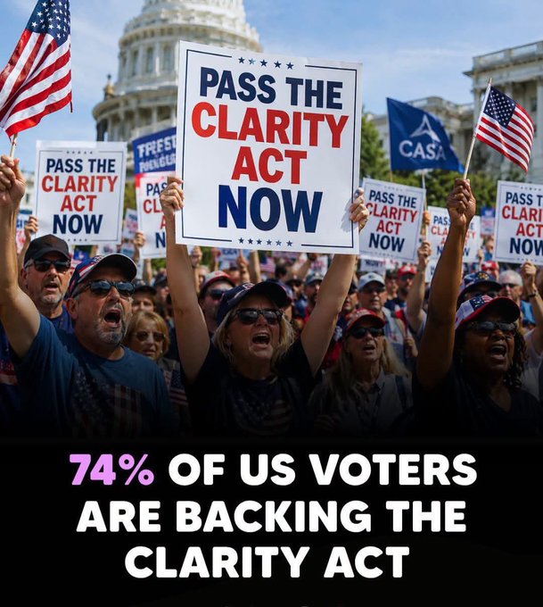 A crowd of demonstrators rallies in front of the US Capitol holding "Pass the Clarity Act Now" signs and American flags, with the caption "74% of US Voters Are Backing the CLARITY Act" highlighting the digital asset legislation's political momentum as a potential factor in the 2026 election.