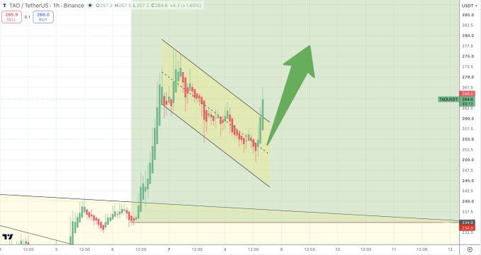 The image shows a 1-hour TAO/USDT chart on Binance displaying a bullish breakout from a descending parallel channel (bull flag pattern), with price currently at 264.6 (+1.86%). A large green arrow highlights the upward breakout from the consolidation zone, visually reinforcing the post's bullish prediction of "BOOOOOM" as TAO breaks above the flag's upper trendline toward the ~285 resistance level.