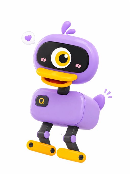 A cute purple robot duck mascot walks happily with a speech bubble containing a pink heart, featuring a "Q" logo on its chest and yellow feet. The image visually represents the Microduck robot referenced in the post, complementing the announcement that $MICRODUCK units will begin shipping around Christmas, with the "Q" symbol tying into the post's mention of the $QUACKD brain ticker.