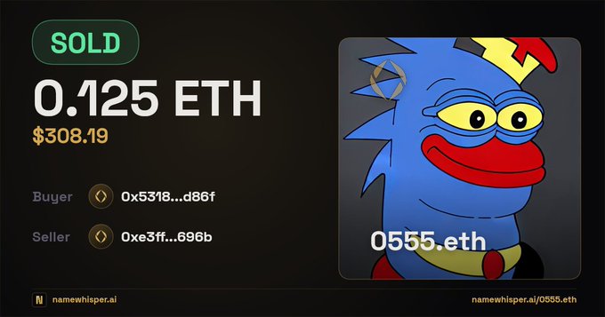 The image is a sold listing for the ENS domain "0555.eth," which displays a Pepe-style cartoon character, showing it sold for 0.125 ETH ($308.19) between buyer address 0x5318...d86f and seller 0xe3ff...696b, matching the post's details of the recent quick-flip sale.