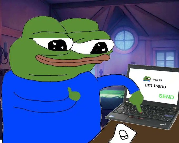 A Pepe the Frog meme showing the character giving a thumbs up while pressing 'SEND' on a laptop displaying a DM to 'fren #1' with the message 'gm frens'.
