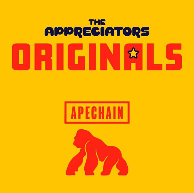 A yellow graphic titled 'THE APPRECIATORS ORIGINALS' with 'APECHAIN' stamped above a red gorilla silhouette, resembling a streetwear brand logo.