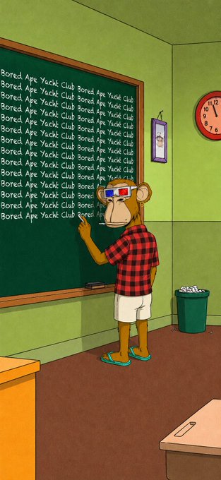 The image features a cartoon monkey wearing glasses, standing in front of a green chalkboard with white writing that reads "Bored Ape Yacht Club". The monkey appears to be pointing at the board or writing something down, possibly related to the club's activities or events.