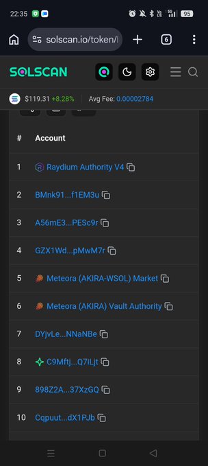 Mobile screenshot of Solscan showing the top token accounts ranked by amount ($119.31, +3.28%, Avg Fee: 0.00002784), with Raydium Authority V4 at #1 and Meteora (AKIRA-WSOL) Market at #5.